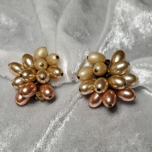 Vintage JAPAN signed Faux Pearl Bead Cluster Clip On Earrings